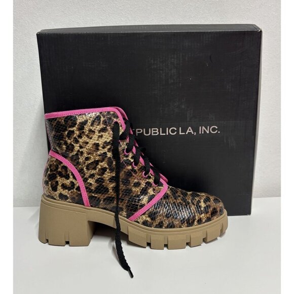 SHOE REPUBLIC / Husky / Leopard Print / Lace-Up / Chunky / Ankle / Boots With Pi - Picture 7 of 8
